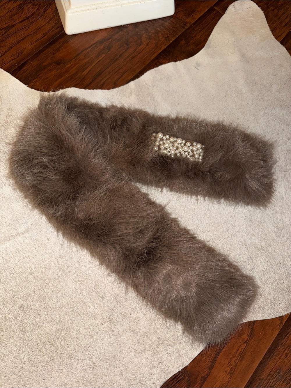 Brown Faux Fur Scarf with Pearl Embellishment
